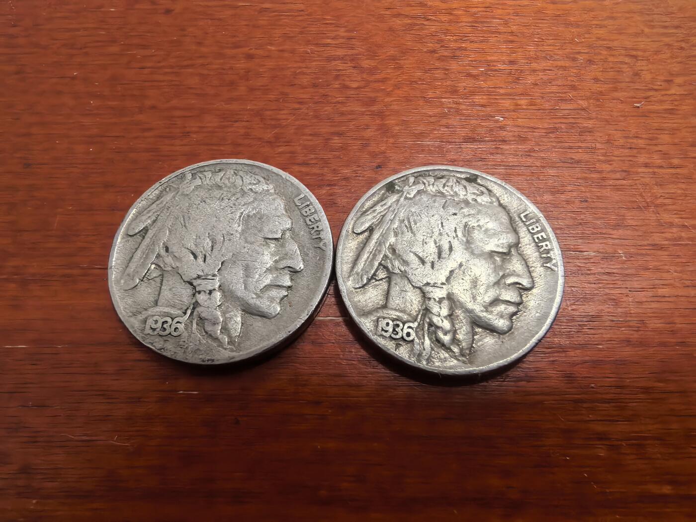 长老汇蛇年精选第七十五场拍卖 1936美国印第安水牛5分镍币2枚，年代和字迹清楚，克书60分25美金