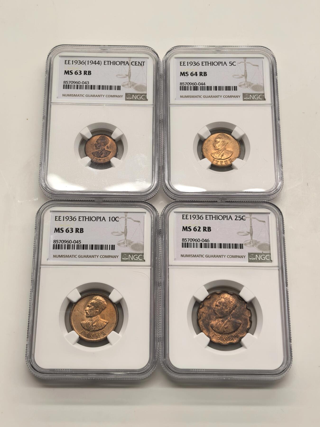 博洋堂世界钱币拍卖第147期（全场包邮） NGC MS62-64RB 埃塞俄比亚1936年1/5/10/25分一套，都是卷拆品质，相同品种被压分了