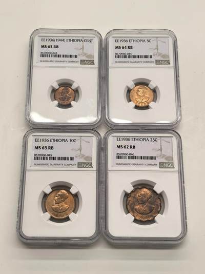 博洋堂世界钱币拍卖第147期（全场包邮） - NGC MS62-64RB 埃塞俄比亚1936年1/5/10/25分一套，都是卷拆品质，相同品种被压分了