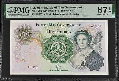 【礼羽收藏】🌏世界钱币拍卖第112期 - 1983年马恩岛50镑，PMG67E高分无4大票幅，女王钞精品。