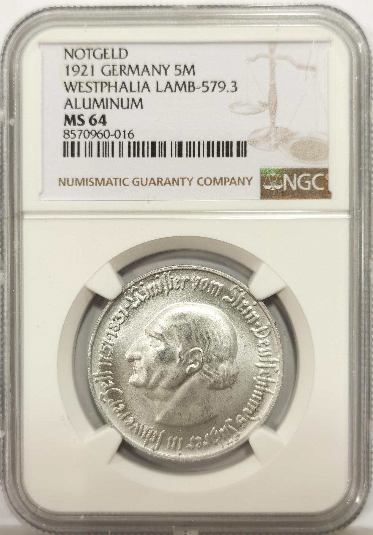 博洋堂世界钱币拍卖第147期（全场包邮） NGC MS64 德国德紧威斯特法伦1921五马克铝币，BU曝光状态，暴力转光，底板干净，非常漂亮的一枚，足够自藏了，5月份一枚65分的含佣700左右成交，状态相差无几