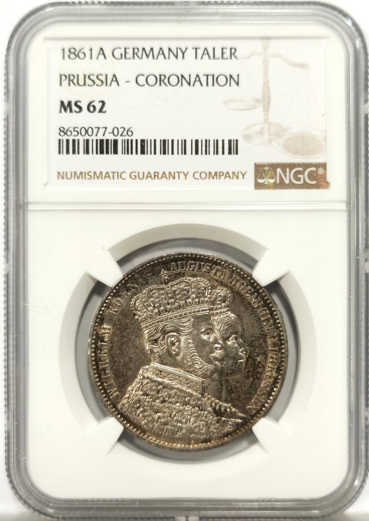 博洋堂世界钱币拍卖第147期（全场包邮） NGC MS62 德国普鲁士1861年威廉一世登基纪念1泰勒