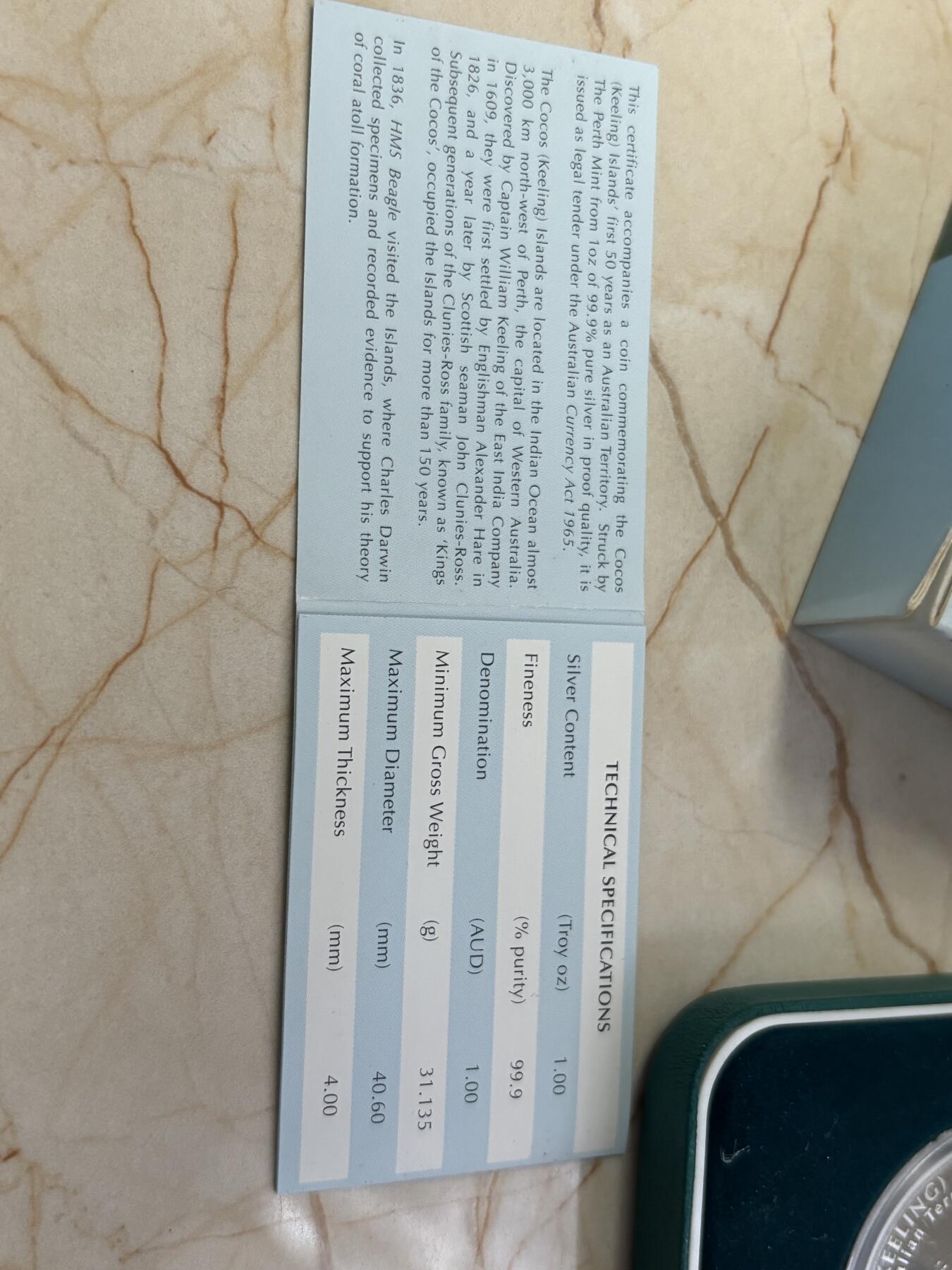 第182期拍卖 澳大利亚2005年基林科科斯领地50周年彩色银币，999银，1盎司