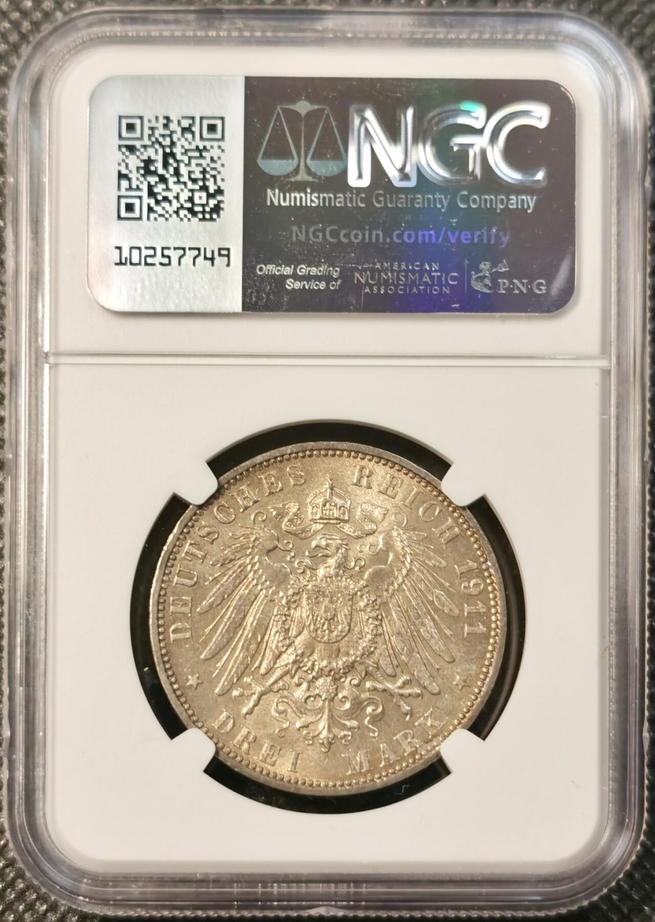 甄臻铺-世界币章拍卖（第40期）送拍享返佣金等优惠多多 NGC-MS64 德国1911年汉堡自由市3马克银币 黄油转光 价格已经水涨船高