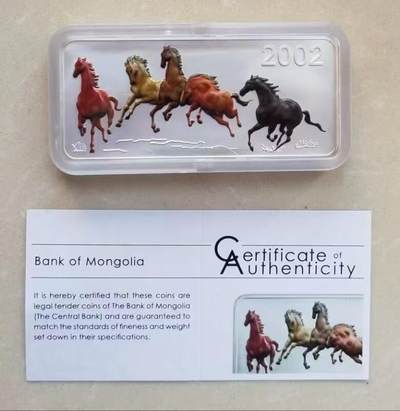 ❤️【币观天下】❤️ 第331期钱币拍卖- 2025.11.21周五晚上6点半场-长期征集拍品 - 蒙古2002年奔马五盎司彩色银币带证书包装