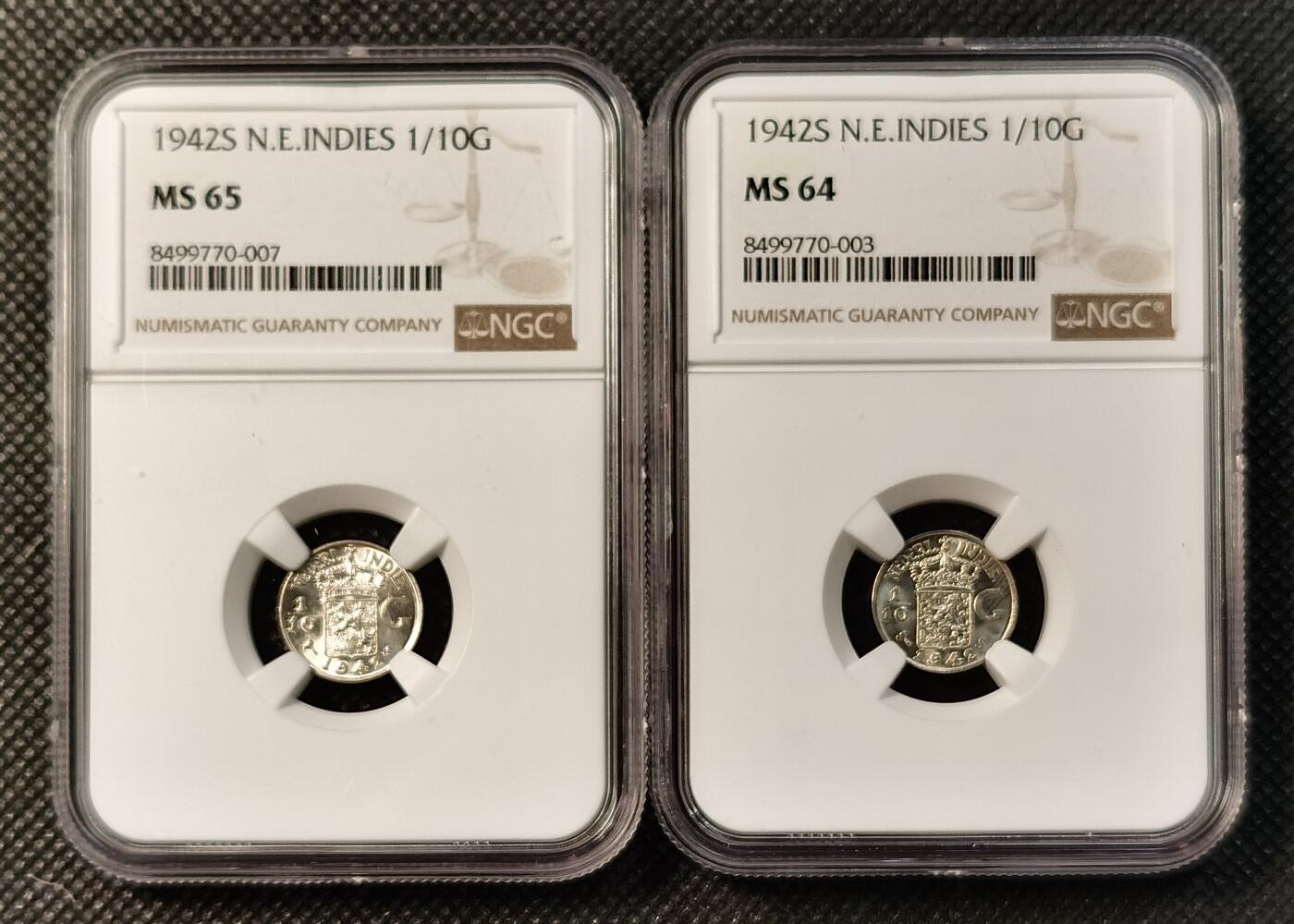 甄臻铺-世界币章拍卖（第40期）送拍享返佣金等优惠多多 NGC-MS65 1942年荷属东印度1/10盾MS64-65两枚一组，卷拆品相