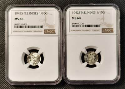 甄臻铺-世界币章拍卖（第40期）送拍享返佣金等优惠多多 - NGC-MS65 1942年荷属东印度1/10盾MS64-65两枚一组，卷拆品相