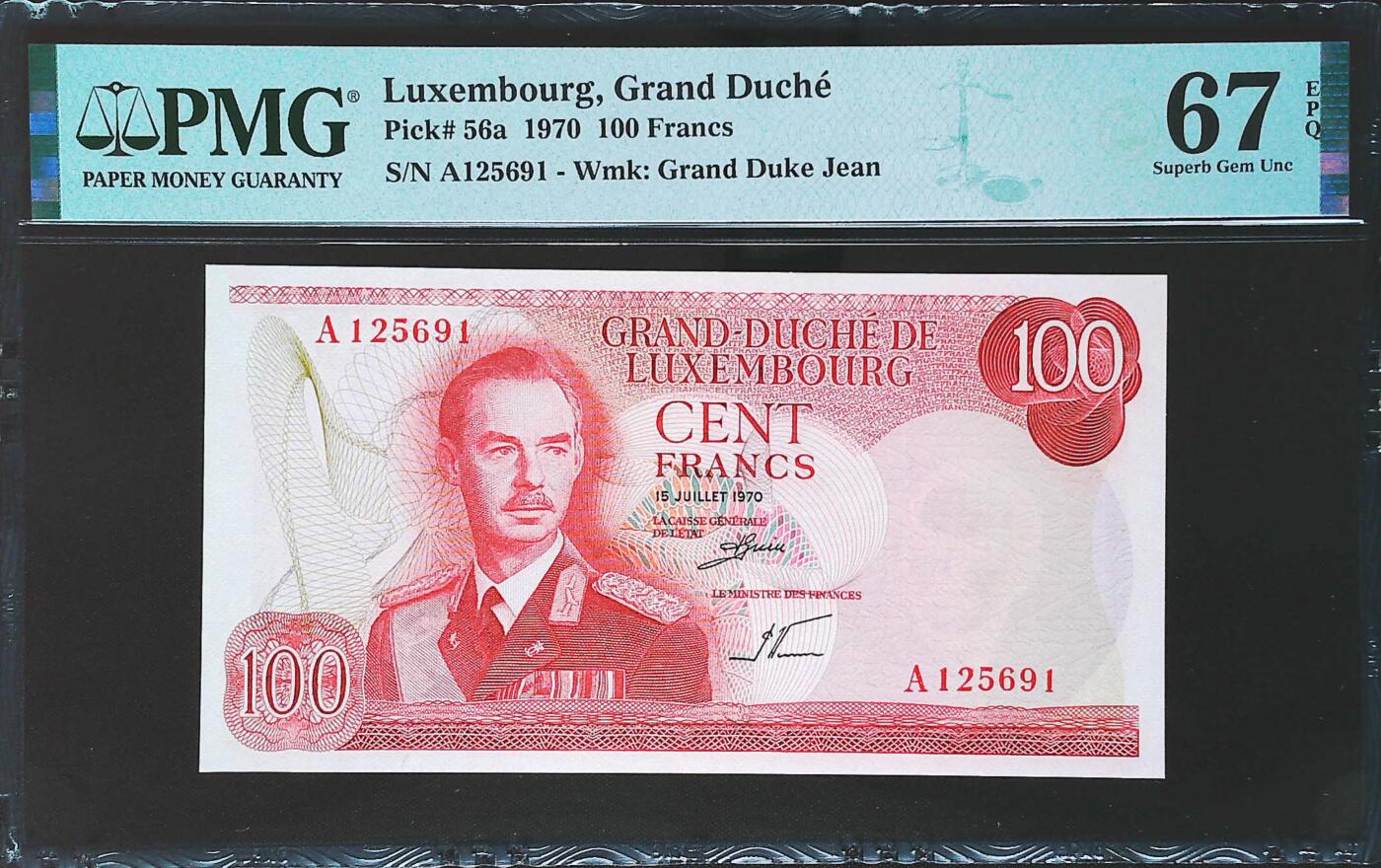 世界靓号纸钞第七十八期 1970年卢森堡100法郎 首发A冠 全程无347 PMG67 超高分