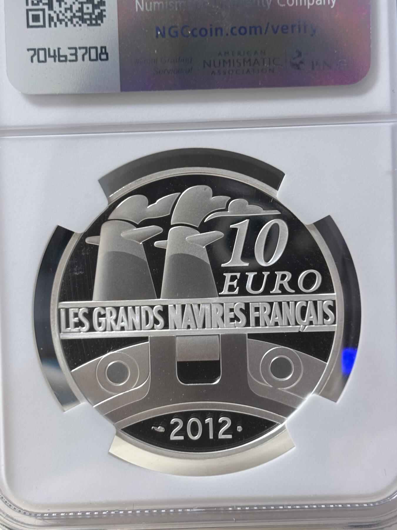 第182期拍卖 获奖法国2012年伟大船舶法兰西号邮轮银币NGC-PF69无盒无证书，900银，22.2克，发行10000枚，获年度最佳银币