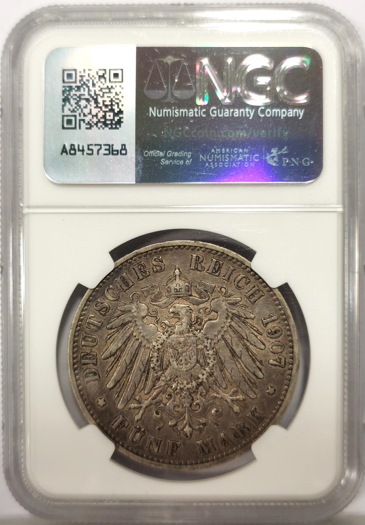 博洋堂世界钱币拍卖第147期（全场包邮） NGC XF40 德国普鲁士1907A5马克银币，原味老包浆好品，流通充分的品种，品相已经很不错了