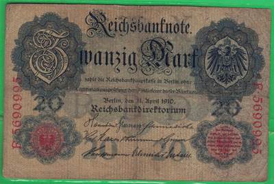 德国1910年20马克 P-40b 无水印 加盖字母X 7位号 无47 实物图 - 德国1910年20马克 P-40b 无水印 加盖字母X 7位号 无47 实物图