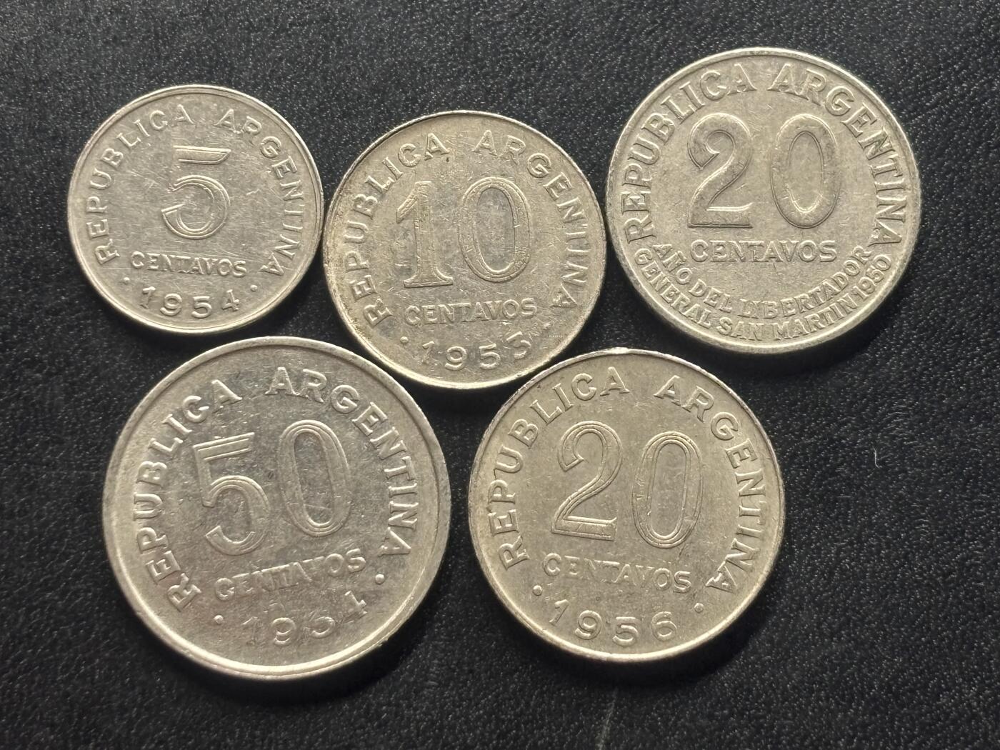 邮泉阁限时拍卖第三十六场 美洲硬币专场（硬币在国外。请付邮费6元。） 阿根廷1950年代5枚