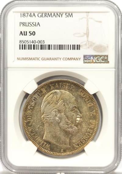 博洋堂世界钱币拍卖第147期（全场包邮） - NGC AU50 德国普鲁士1874年威廉一世5马克银币