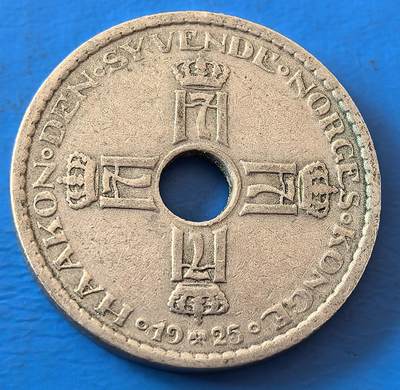 外国优质老铜币银币，周六九点倒数截拍，满百包邮，可寄存半年，喜欢朋友微信扫描二维码可直接参拍 - 挪威1925年1克朗