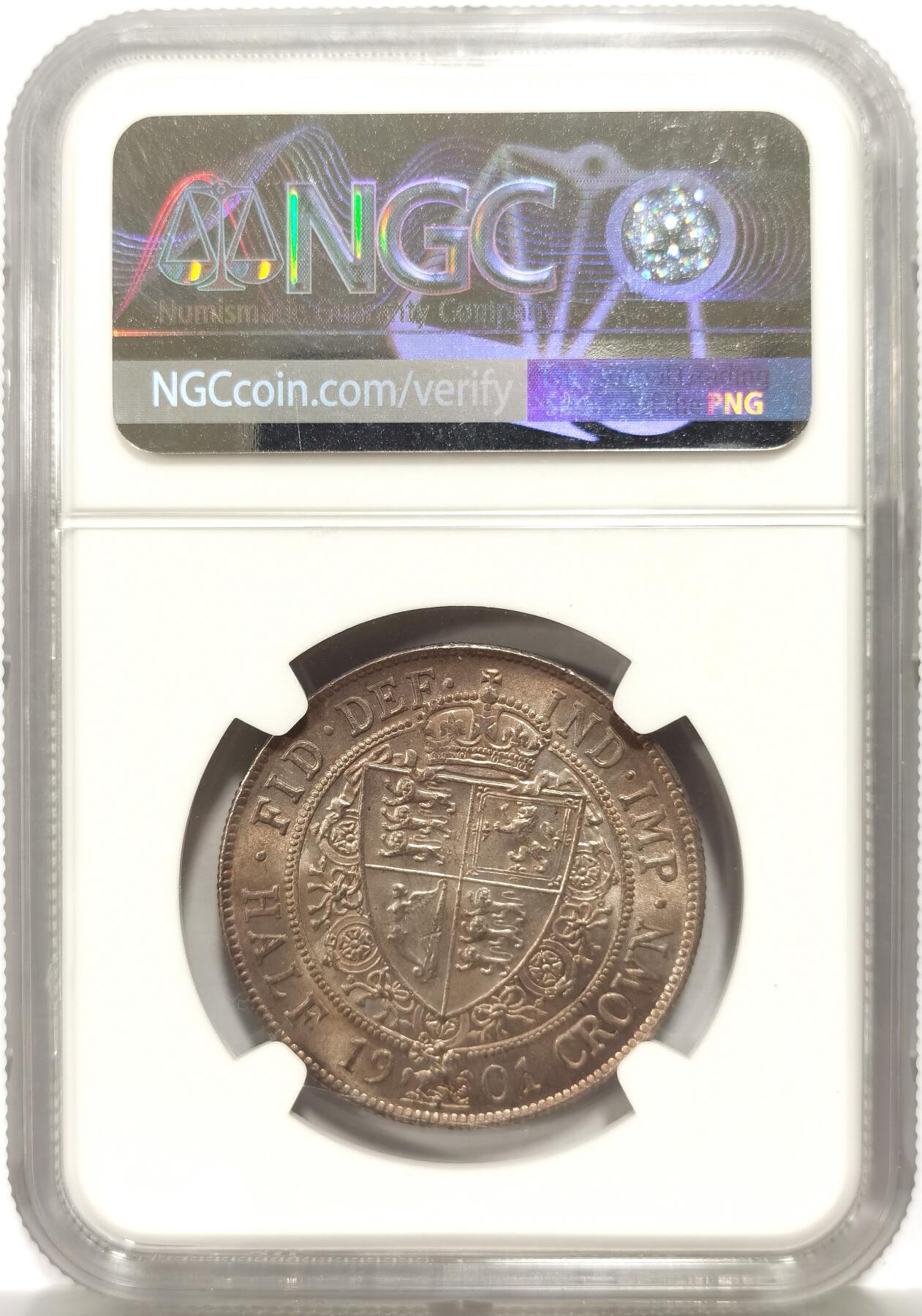 博洋堂世界钱币拍卖第147期（全场包邮） NGC MS63 英国1901年维多利亚半克朗银币，币面状态完美，灰金包浆，呈现如丝绸般光泽