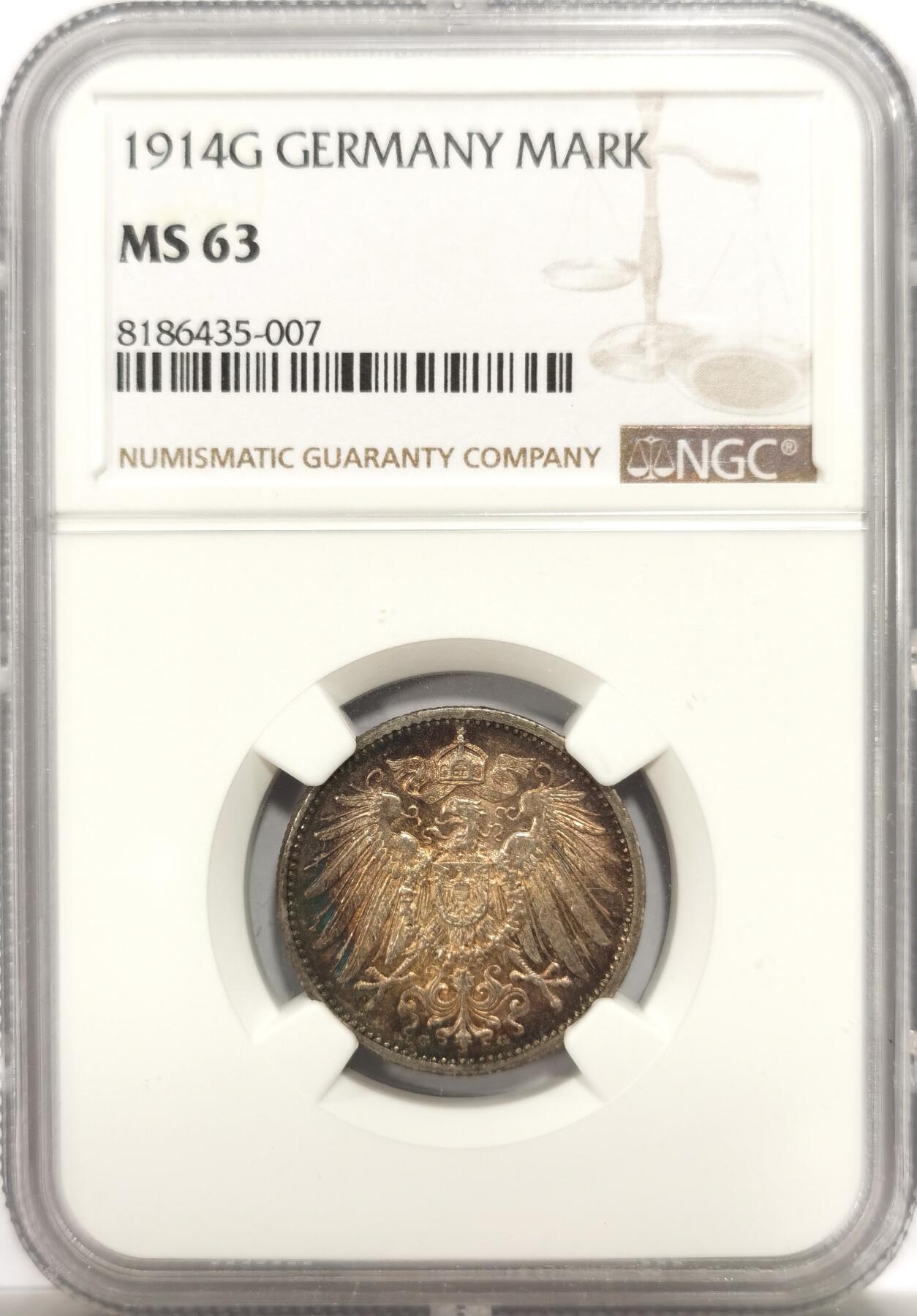 博洋堂世界钱币拍卖第147期（全场包邮） NGC MS63 德国1914年1马克银币，双面黄金彩