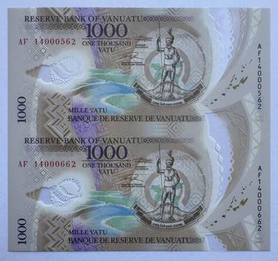 2025第25场（总第225期）：精品测试钞、纪念钞、塑料钞、连体钞综合场 -  稀少/二连体 瓦努阿图1000瓦图两联体塑料钞UNC （发行量仅100枚）