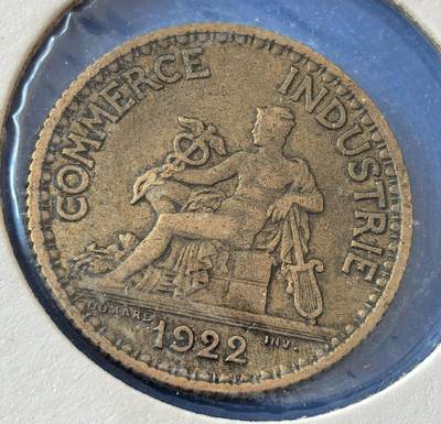 外国优质老铜币银币，周六九点倒数截拍，满百包邮，可寄存半年，喜欢朋友微信扫描二维码可直接参拍 - 欧洲老藏家纸夹-法国1922年商务部版1法郎铜币