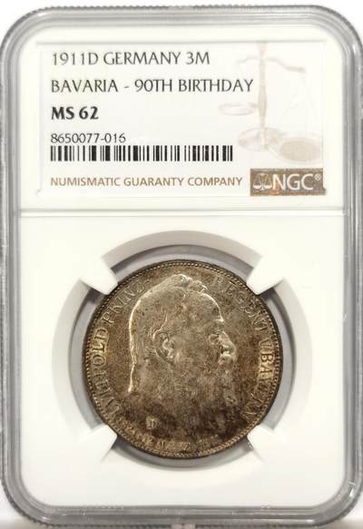 博洋堂世界钱币拍卖第147期（全场包邮） - NGC MS62 德国巴伐利亚1911年柳特波德3马克银币