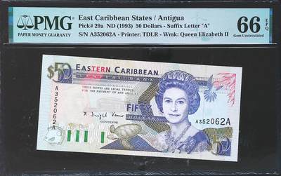 世界靓号纸钞第七十八期 - 1993年东加勒比50元 早期女王 稀少首发AA冠 全程无47 PMG66