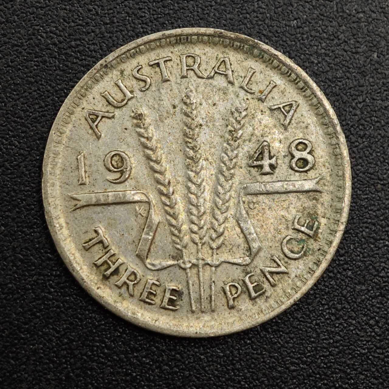 【淘币小摊】实时拍第八百零一拍   散币场   满百包邮可预留二周 每周一统一发货   澳大利亚1948年乔治六世3便士银币