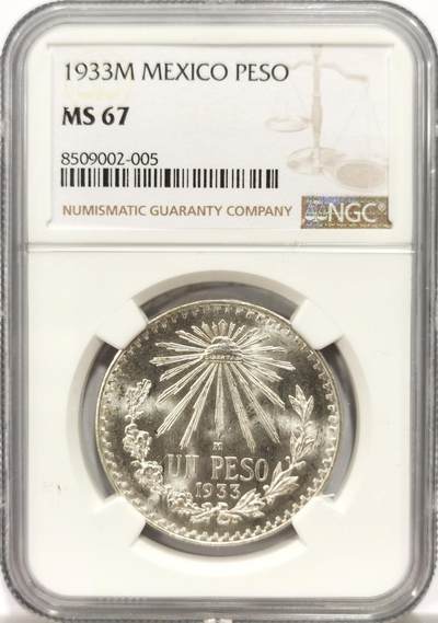 博洋堂世界钱币拍卖第147期（全场包邮） - NGC MS67 墨西哥1933年1比索银币，极致高分！