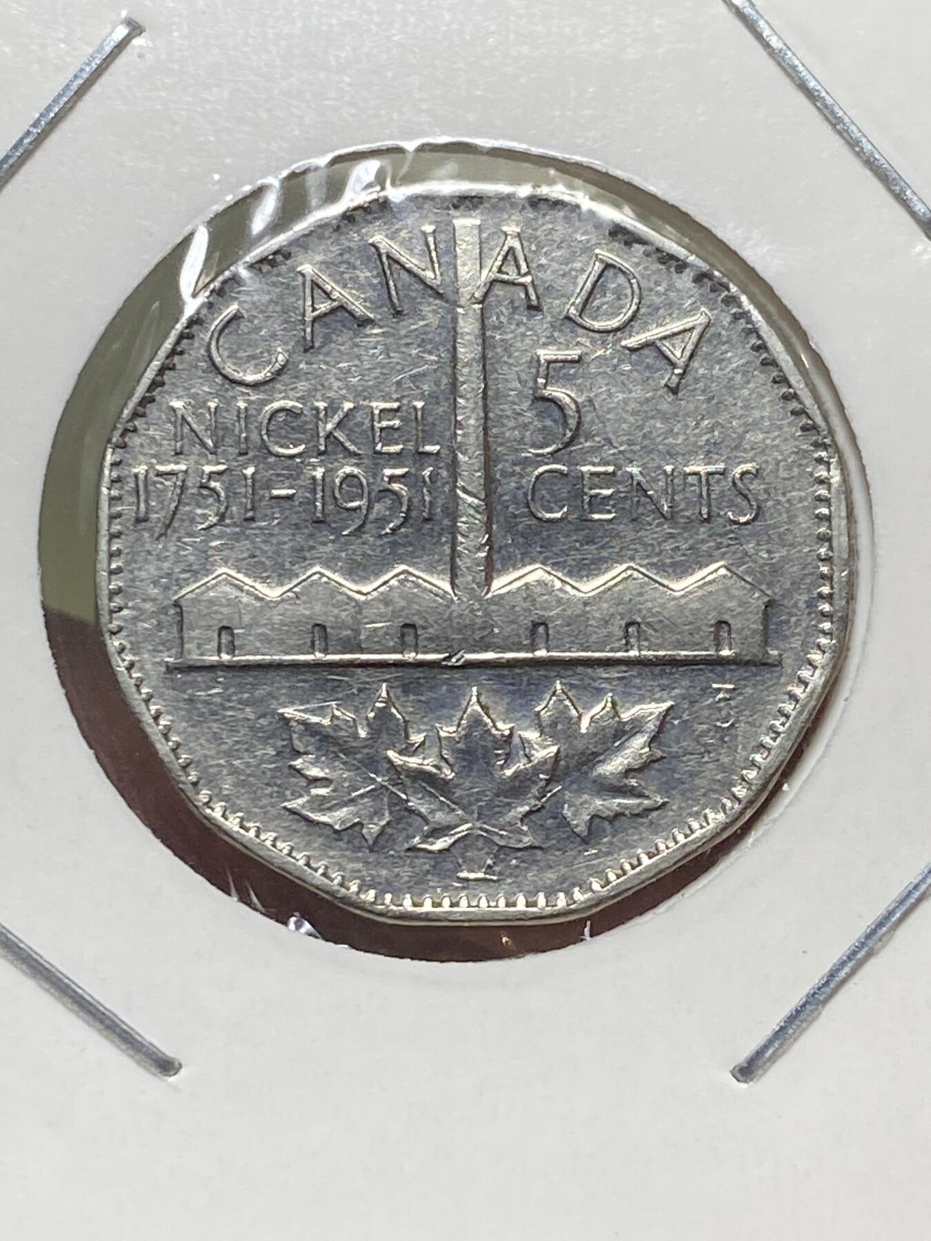 2025年第一百三十一场(总第一百五十七场）外国好品纸夹散币场(免佣金) 加拿大🇨🇦1951单年份5分(乔治六世时期，发现镍200周年纪念币)