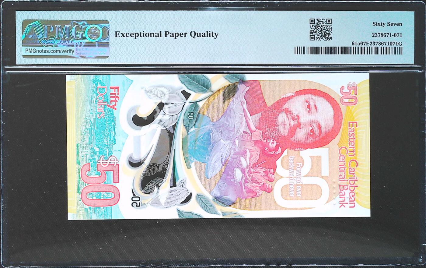 世界靓号纸钞第七十八期 2024年东加勒比50元纪念钞 首发AA冠 全程无4 豹子号111 PMG67