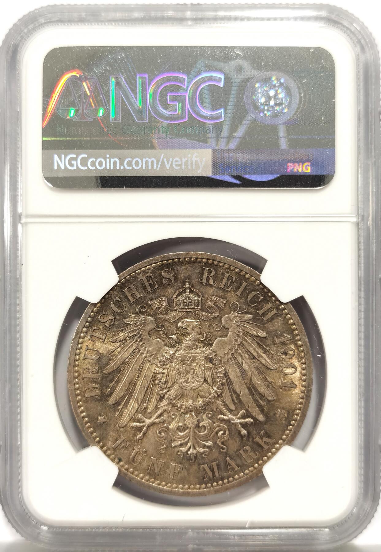 博洋堂世界钱币拍卖第147期（全场包邮） NGC MS63 德国普鲁士1901年建国纪念5马克银币 淡黄油彩 转光明显