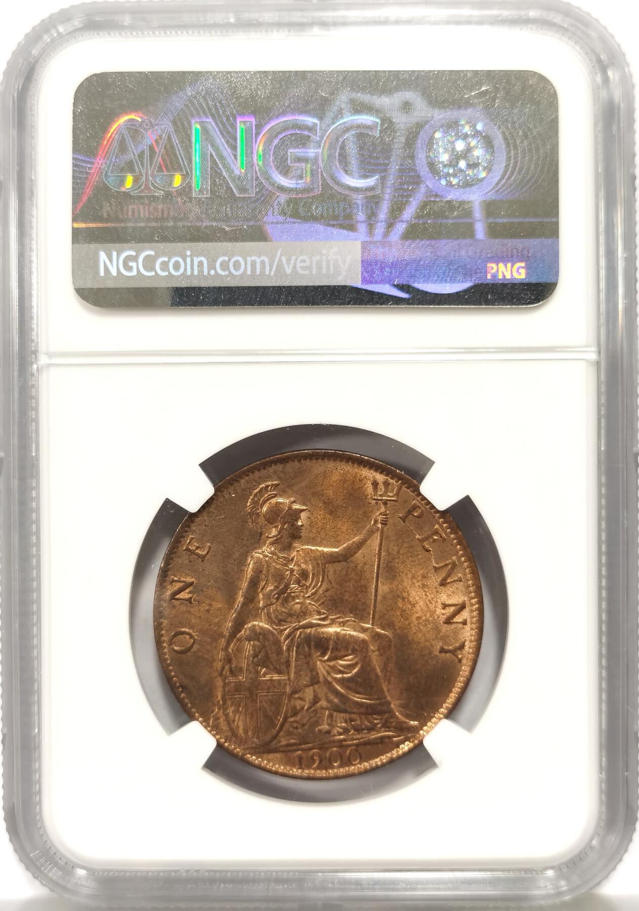 博洋堂世界钱币拍卖第147期（全场包邮） NGC MS63RB 英国1900年维多利亚披纱1便士 铜光很好