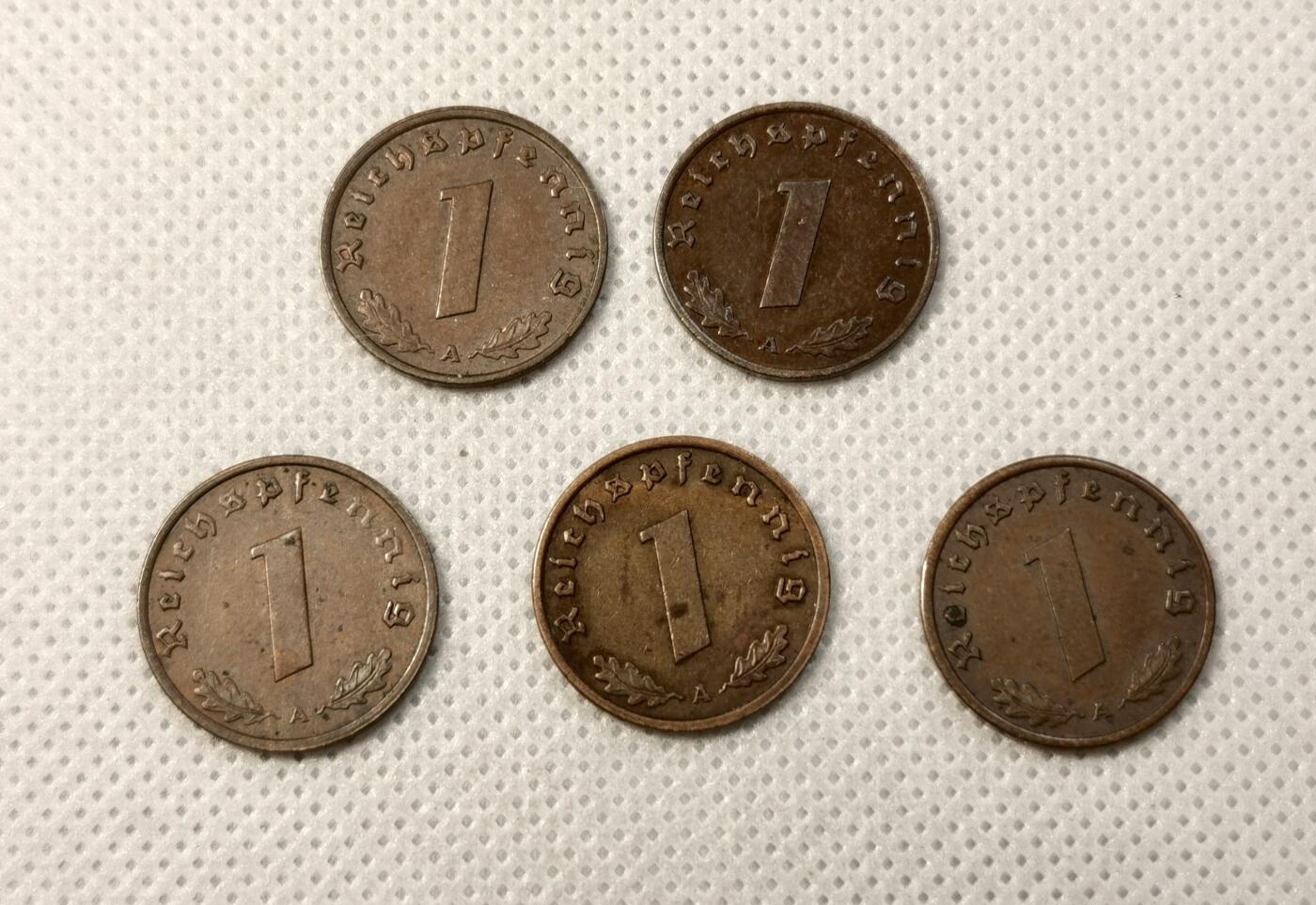 甄臻铺-世界币章拍卖（第40期）送拍享返佣金等优惠多多 德国1938年1芬尼铜币5枚