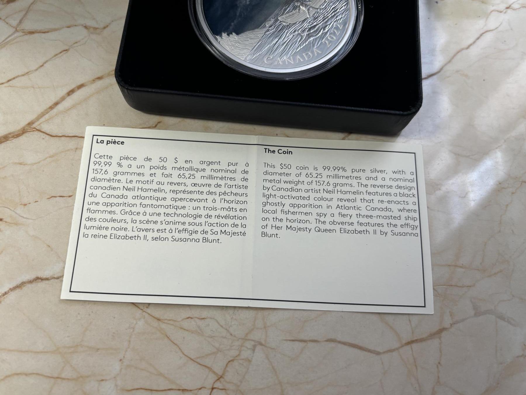 第182期拍卖 获奖币加拿大2022年大西洋幽灵船5盎司彩色夜光银币,9999银，发行1500枚