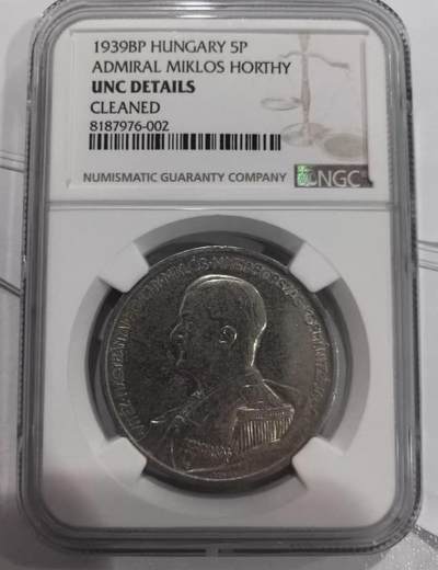 匈牙利1939年海军上将霍尔蒂左侧像5潘果银币，25克。 - 匈牙利1939年海军上将霍尔蒂左侧像5潘果银币，25克。