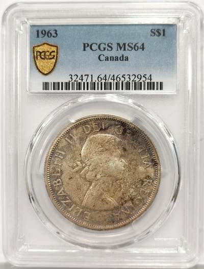 博洋堂世界钱币拍卖第147期（全场包邮） - PCGS MS64 加拿大1963年伊丽莎白二世$1银币 醇厚五彩包浆 BU普制版比PL版少见 更高仅60枚