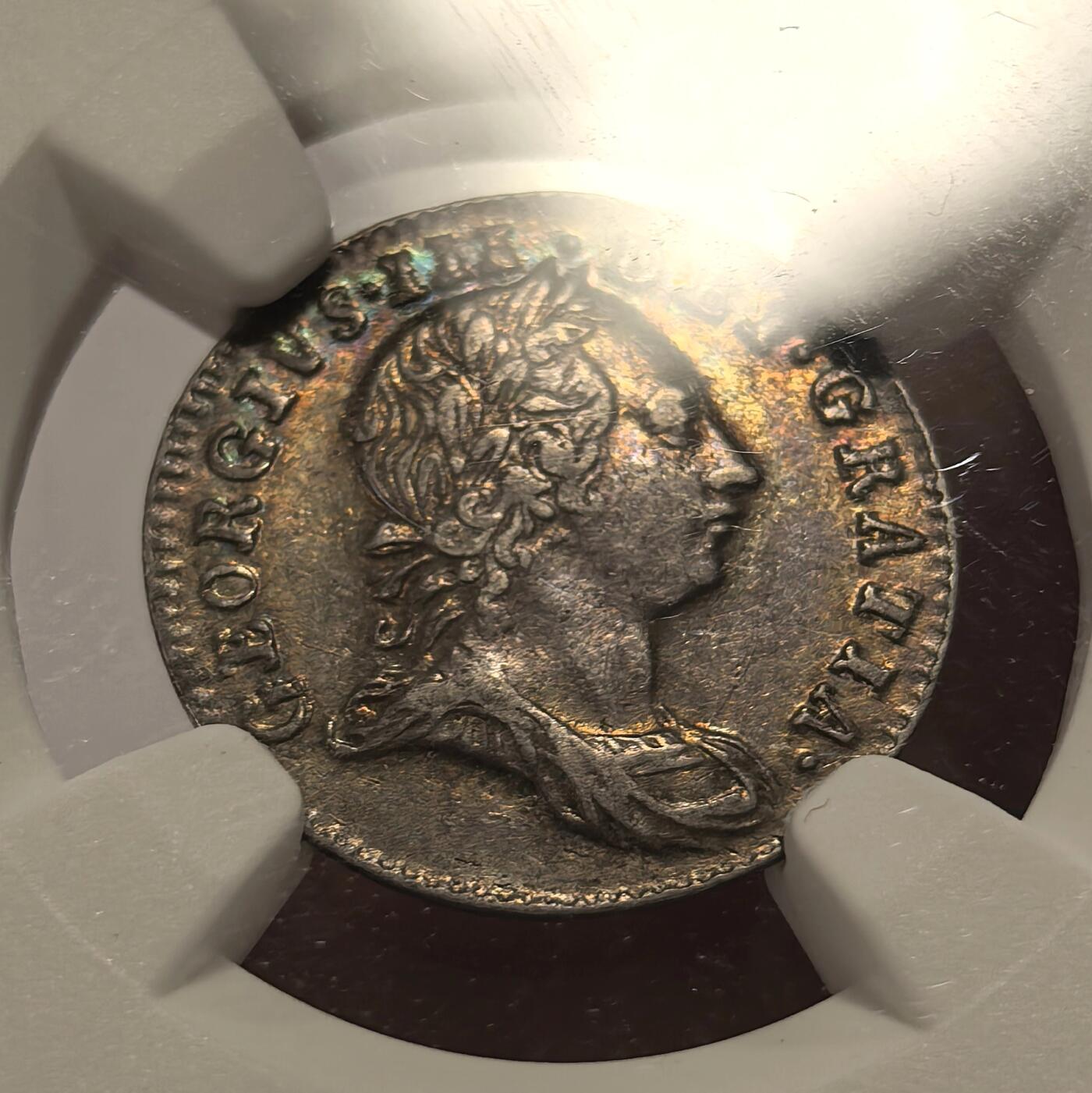 博洋堂世界钱币拍卖第147期（全场包邮） NGC AU53 英国1762乔治三世三便士濯足币，乔治三世濯足中最大的难点，这枚五彩包浆状态非常好，应为58分左右的状态，略有低评