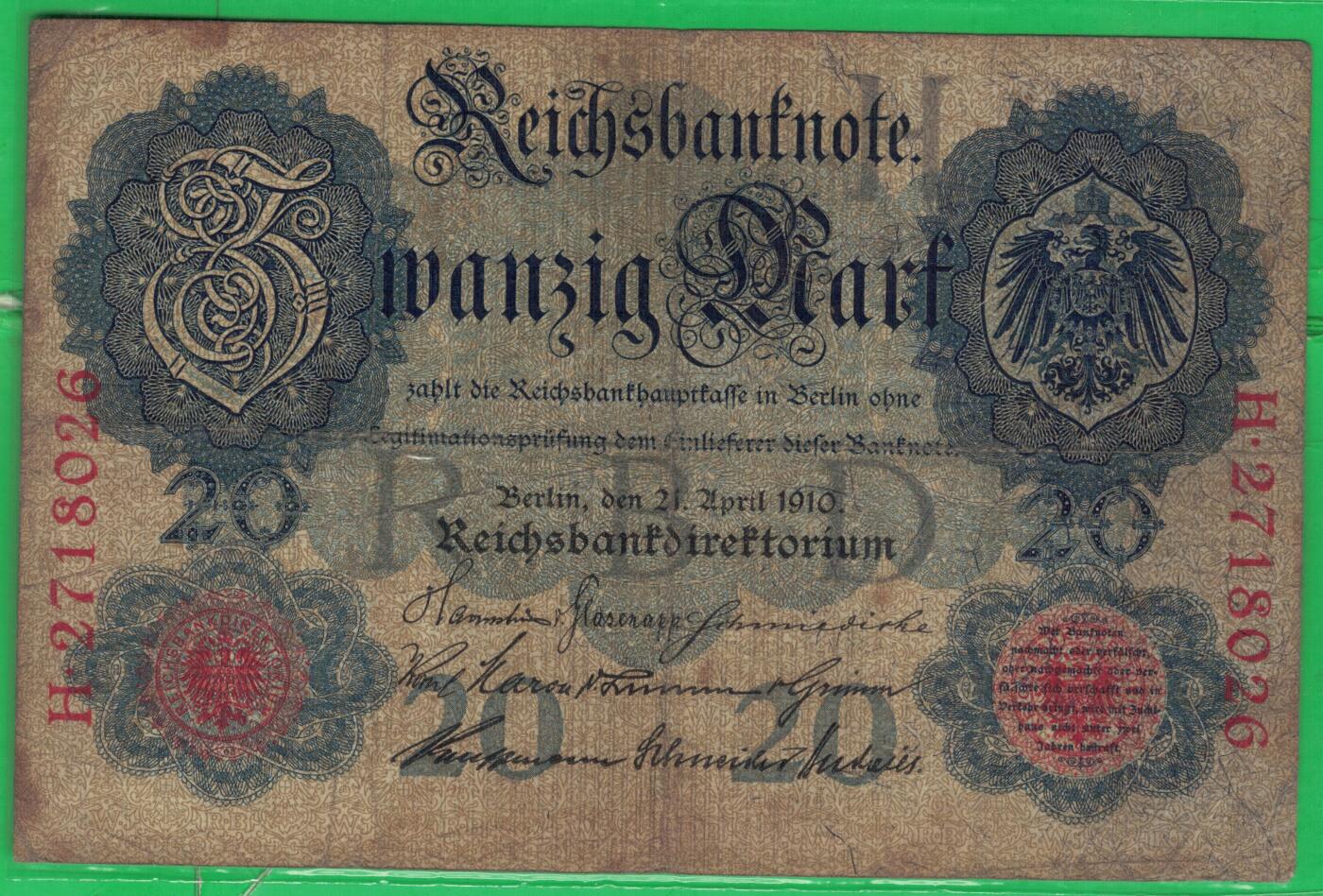 德国1910年20马克 P-40b 无水印 加盖字母H 7位号 无4 实物图