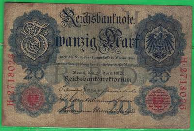 德国1910年20马克 P-40b 无水印 加盖字母H 7位号 无4 实物图 - 德国1910年20马克 P-40b 无水印 加盖字母H 7位号 无4 实物图