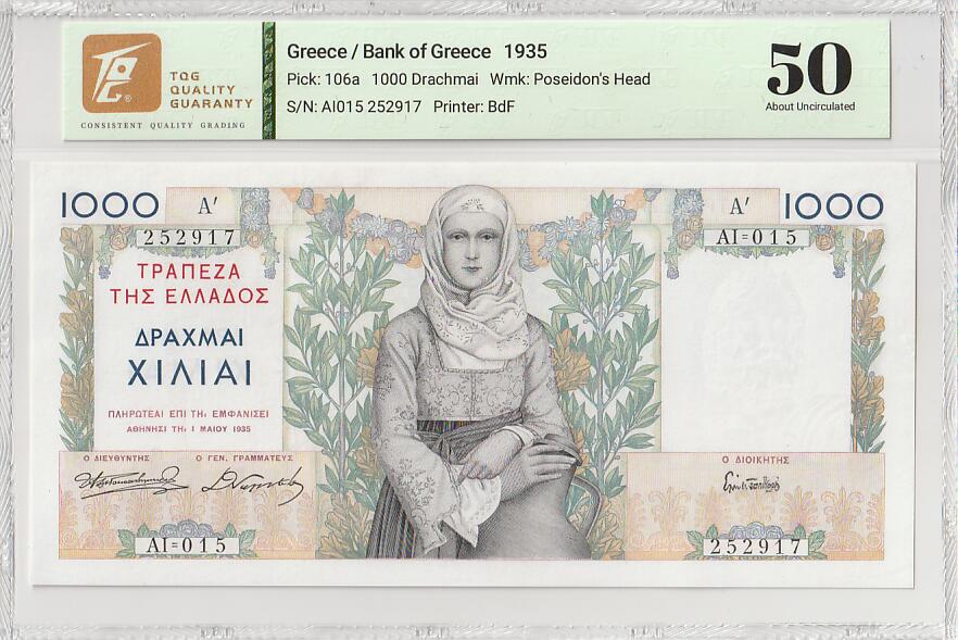 2025十一月第五期，总第203期 希腊1935版1000德拉克马TQG50分，农妇形象，典型的法式纸币风格