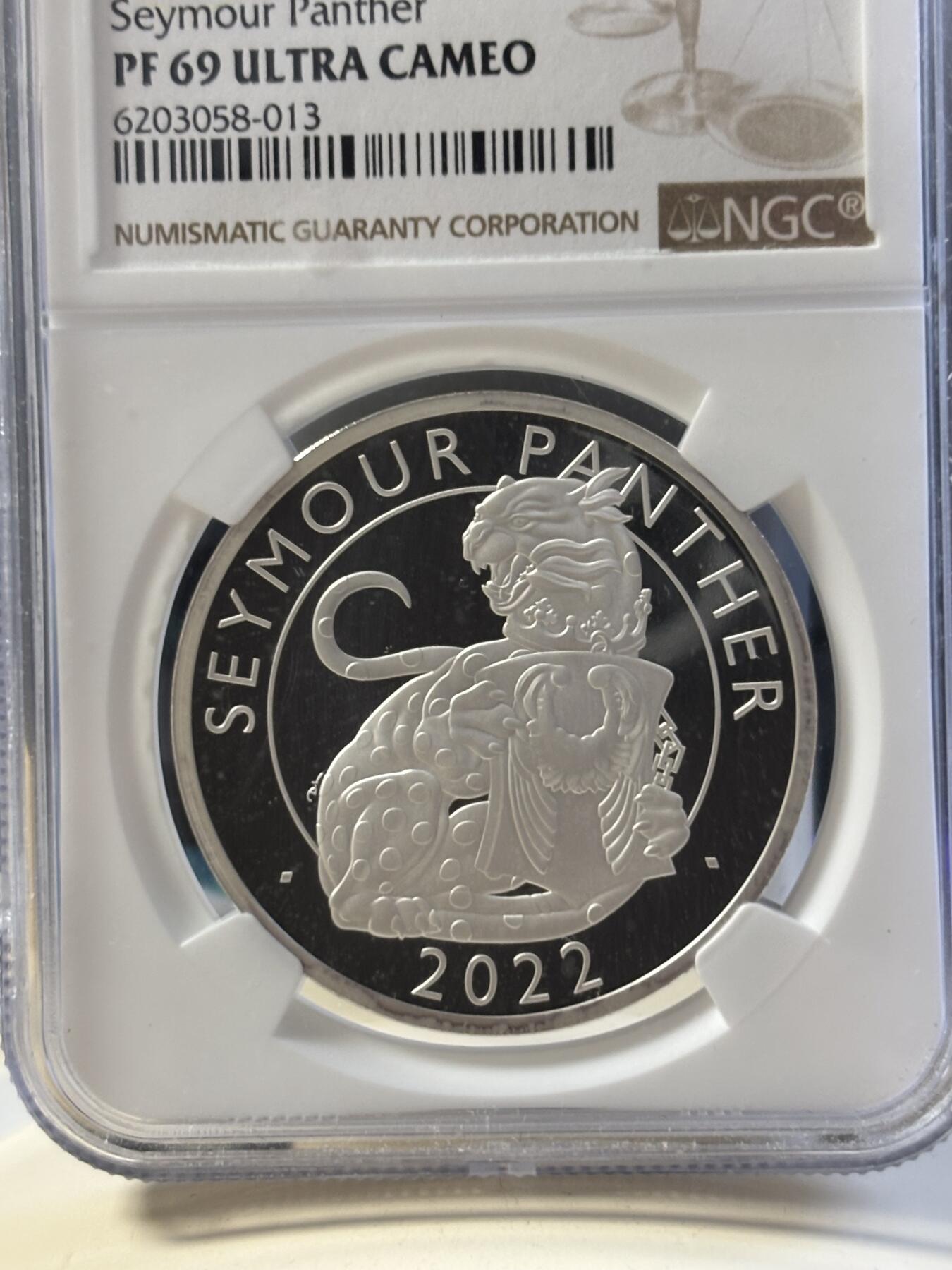 第182期拍卖 英国2022年都铎王朝神兽西摩豹1盎司精制纪念银币NGC-PF69原盒证书，999银，发行量7010枚