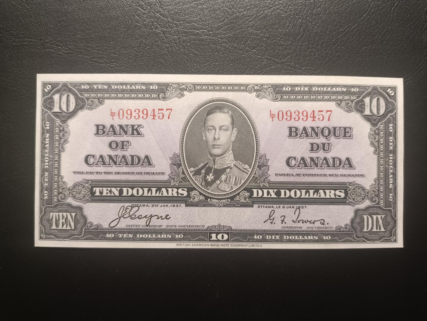 2025十一月第五期，总第203期 加拿大1937版10元AUNC，乔治六世国王和商业神墨丘利，稀有中高面值品种