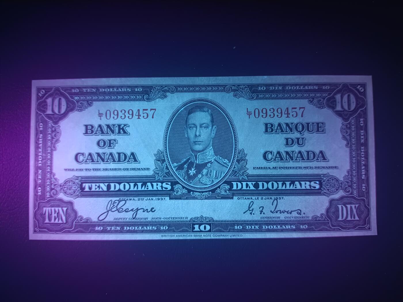 2025十一月第五期，总第203期 加拿大1937版10元AUNC，乔治六世国王和商业神墨丘利，稀有中高面值品种