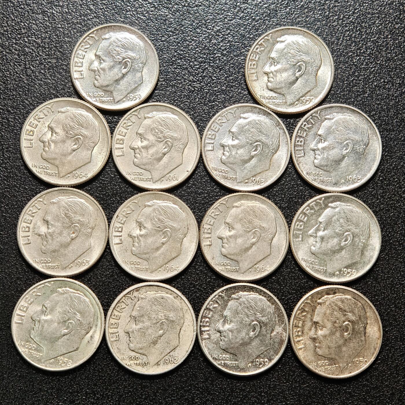 【德藏】世界币章拍卖第154期（拍品征集中~欢迎藏友联系） 14枚一组 美国10分银币 直径约：17.7mm/枚；重约：2.5g/枚