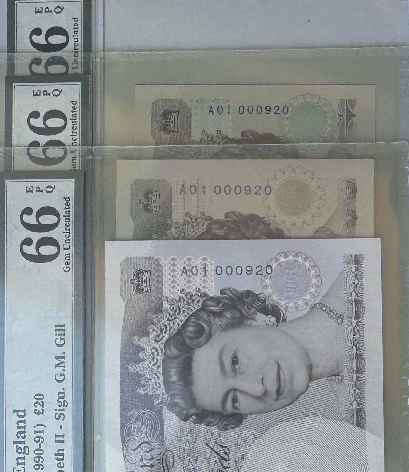 2025第25场（总第225期）：精品测试钞、纪念钞、塑料钞、连体钞综合场 首发百位全同号A01 000920 英国1990首发纪念版5、10、20镑纪念钞同号一组三枚（PMG66）