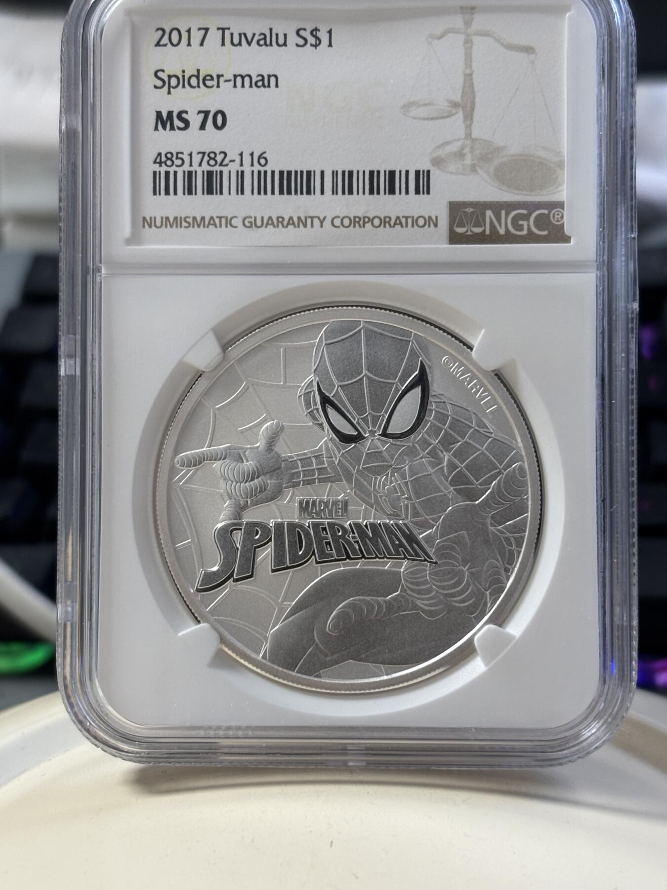 第182期拍卖 图瓦卢2017年漫威超级英雄蜘蛛侠纪念银币NGC-MS70，9999银，发行50000枚