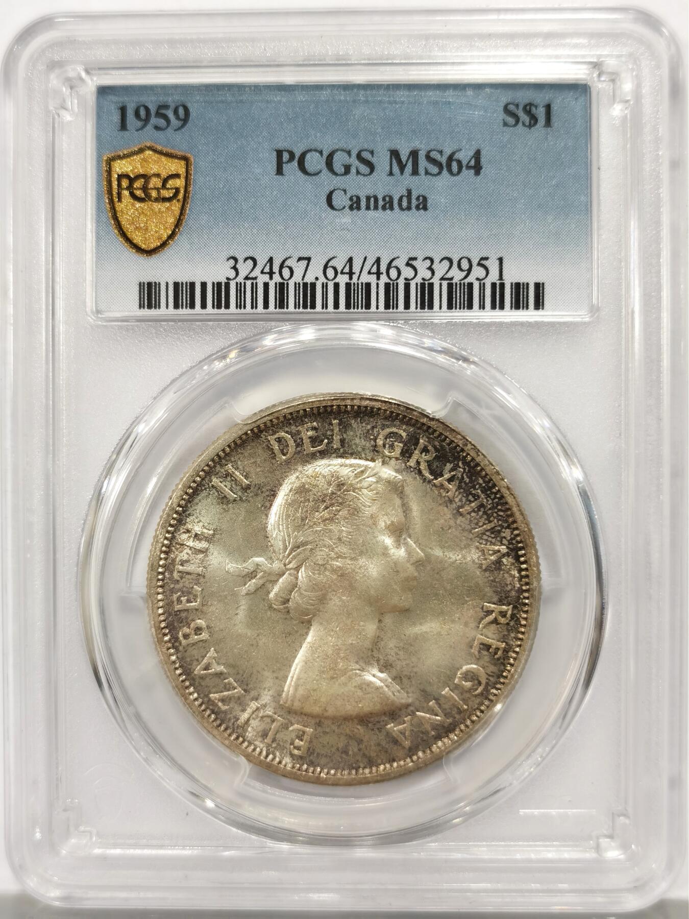 博洋堂世界钱币拍卖第147期（全场包邮） PCGS MS64 加拿大1959年伊丽莎白二世$1银币 醇厚五彩包浆 BU普制版比PL版少见 更高仅28枚