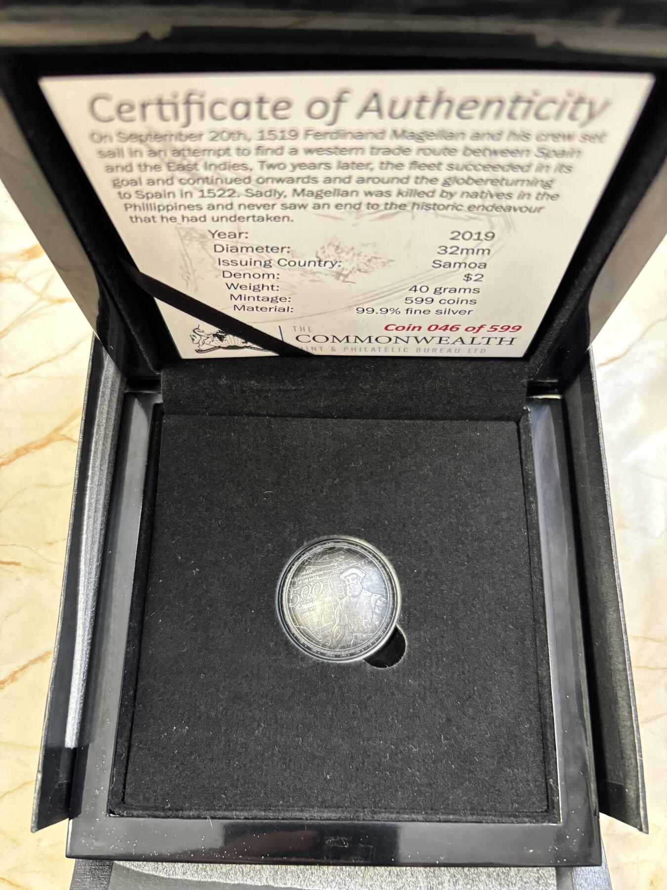 第182期拍卖 萨摩亚2019麦哲伦环球航海500周年凹面弧形银币，999银，40克，发行量599枚，有氧化