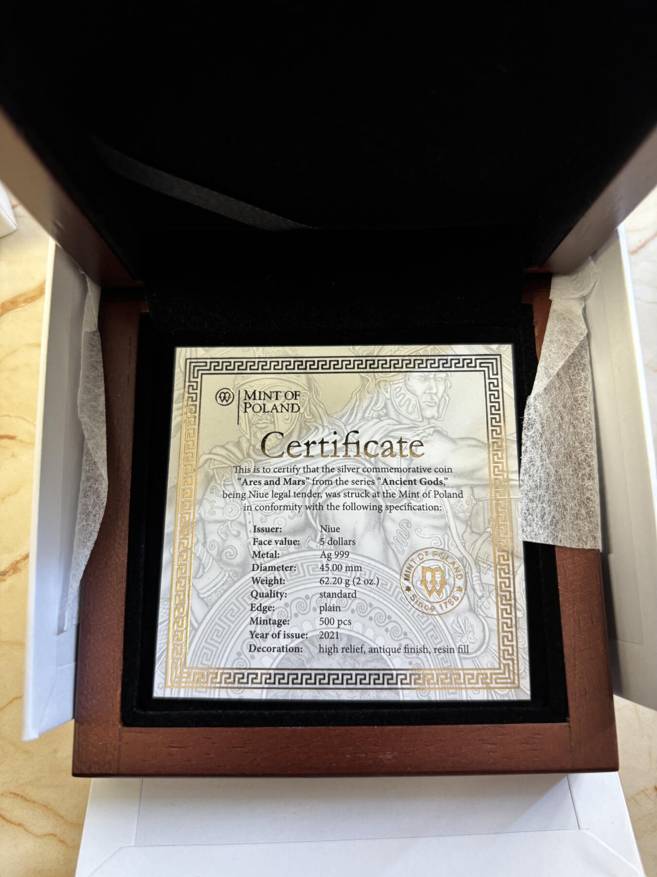 第182期拍卖 纽埃2021年战神阿瑞斯和马尔斯2盎司高浮雕镶嵌纪念银币NGC-MS70原盒证书，999银，发行量500枚，