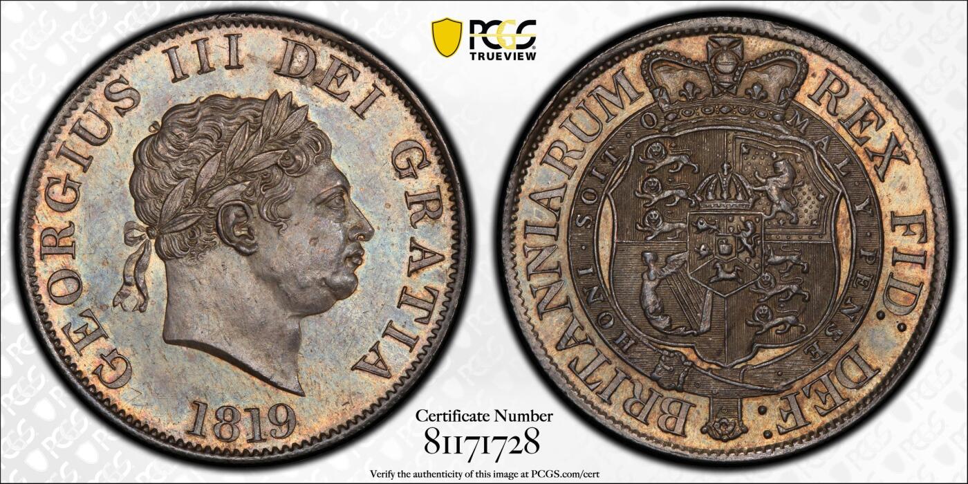 博洋堂世界钱币拍卖第147期（全场包邮） PCGS MS63 英国1819年乔三小牛头半克朗，金彩灰包浆，所见最美状态，收藏级别