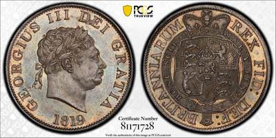 博洋堂世界钱币拍卖第147期（全场包邮） - PCGS MS63 英国1819年乔三小牛头半克朗，金彩灰包浆，所见最美状态，收藏级别