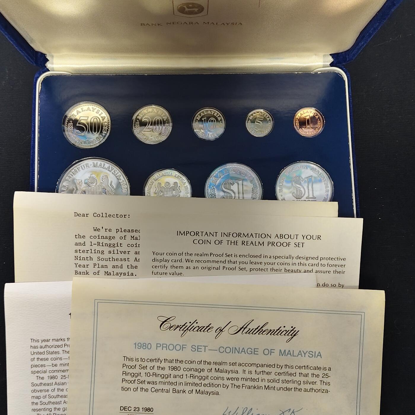 【全场包邮】纯粹捡漏拍479场（免费代拍第16场） 马来西亚1980年官方9枚全银精制套币-盒证全